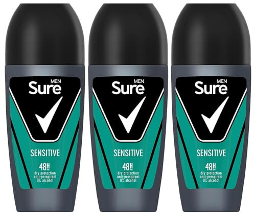Sure Antiperspirant Roll On Sensitive 48H Sweat and Odour Protection Roll On with Sandalwood, Patchouli and Vanilla Fragrance Deodorant for Men, 50ml Pack of 3
