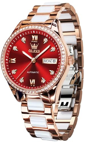 OLEVS Damen-Automatikuhr, Diamant-Lünette, modisch, wasserdicht, Kalender, zweifarbig, Edelstahl-Keramik-Armband