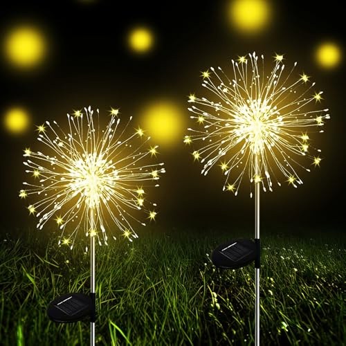 Melofo Solar Garden Lights Outdoor 2 Pcs 200 LEDs Upgrade Solar Fireworks Lamp with 8 Modes Waterproof Multicolor Dandelion Starburst Lights for Lawn Backyard Pathway Flowerbed Christmas Party