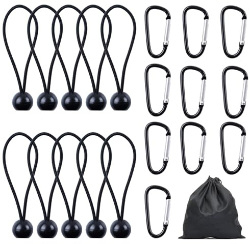 wadafen Tarpaulin Clips Set Bungee Cord with Balls and Carabiner Clips | Flexible Adjustable Bungee for Awning Tent Camping (Black)