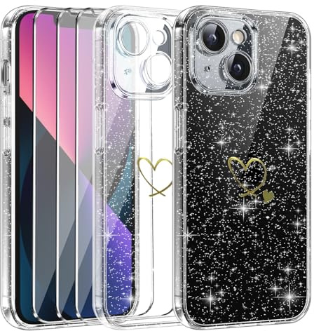 Cover Compatibile con iPhone 13, con 3 Pezzi Vetro Temperato Pellicola Protettiva, Glitter e Antimpronta Custodia, Antigraffio e Morbido Caso - Trasparente