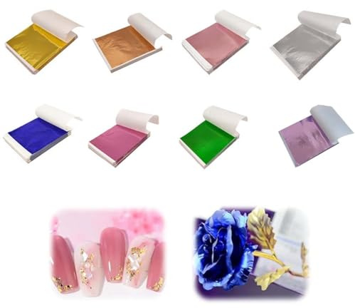 EYVRPAU 80 Hojas de Pan de Oro de Imitación Multicolor, 8 Colores Pan de Oro Manualidades, Papel Hoja Oro para Decoración para Dorado, Pintura, Arte de Uñas, Decoración de Muebles y Bricolaje