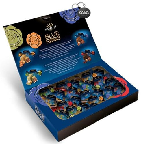 Vanini Blue Rose Confezione Elegante con Praline di Cioccolato Assortite al Latte, Fondente, Caramello e Pistacchio 260g con Portachiavi CAIYA®