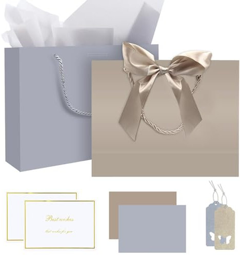 2 Stück Geschenktasche, Papiertüten mit Henkel, Geschenktüten mit Schleifenbändern, Geschenktüten mit Grußkarten, Geschenktüten aus Papier für Geburtstag Hochzeit Festivalfeier