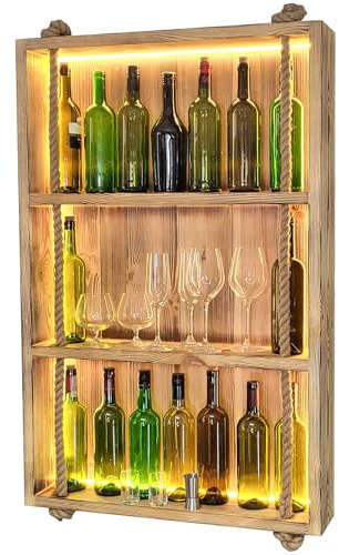 WEECO Weinregal aus Holz Beflammt für die Wand mit 4 Ebenen und LED Beleuchtung für 28 Flaschen, Schwarz 112x70x15cm Holzregal Hausbar zum Hängen, Regal für Weingläser, Whiskygläser, Vintage, Geschenk