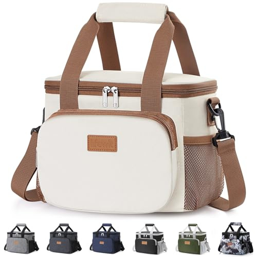 Lifewit Bolsa Termica Porta Alimentos 9L(12 Latas), Bolso Comida Trabajo Hombre y Mujer, Lunch Bag para Lonchera, Medio Bolsas Nevera Portatil para Playa, Viaje, Work, Beige
