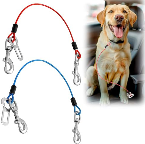 ChAusa 2 Stück Anschnallgurt Hund Auto 80cm Hunde Sicherheitsgurt Hundegurt Auto Hunde Anschnallgurt Auto Bissfeste Hundeleine aus Stahldraht PVC für alle Hunderassen Katzen& Autotypen(Blau+Rot)