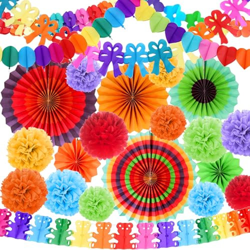 Dncvb Party Dekoration Pompons 24 Stück Bunte Party Deko, Girlande Bunt Papier Papierfächer Deko Pompoms für Geburtstag Hochzeit Sommer Dekoration Mexikanische Festival Fiesta