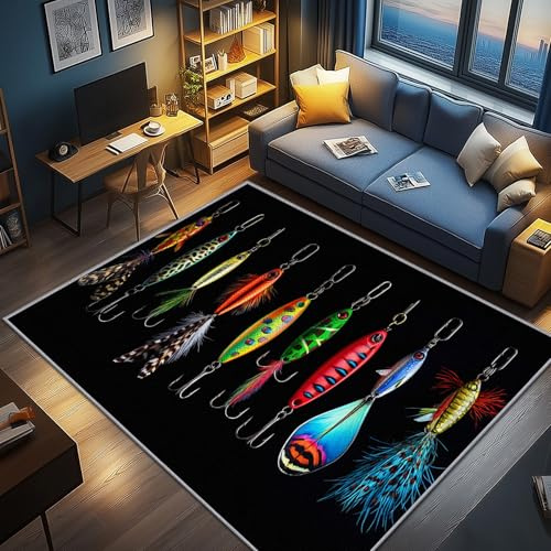 AevuCub Angeln Deko, Angelhaken Teppich 60x90 Kurzflor, Kleiner Teppich Wohnzimmer Jagd, Weich rutschfest Waschbare Teppiche, Bettvorleger Schlafzimmer Kinderzimmer