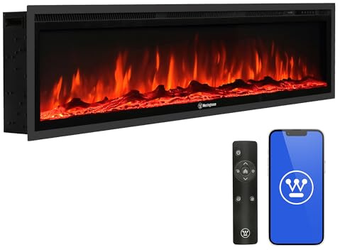 Westinghouse 60 Inch Electric Fireplace Heater, Compatible with Alexa & Google Home, Wall Mount or in-Wall Recessed Fireplace Insert, 24 Hour Timer, Color Changing Flames, 750W/1500W Indoor Heater