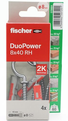 fischer - Duopower 8 x 40 avec broche ouverte - 2U, chevilles murales multi-matériaux, pour accrocher des vélos, des cadres, des armoires, des supports de télévision, des étagères, des meubles.