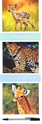 2026 Animals Tall Slim Wall Calendar With Pen Organiser Planner Wild Cute Baby Wildlife Tiger Lion Wolf