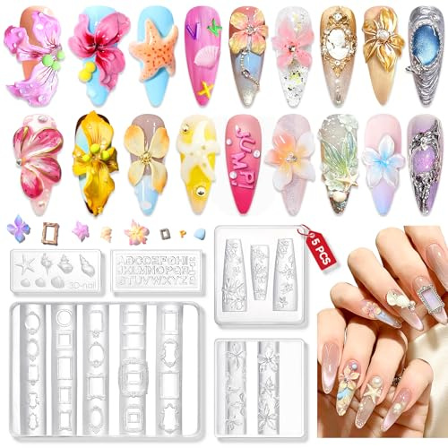 SAVILAND 3D Silicone Nail Art Molds: 5PCS Quick & Easy 3D Silicone Nail Molds with Flower Shell Letter Mold Reusable Clear Modeling Templates Tools for Fast Sculpting Design Home DIY Salon Manicure