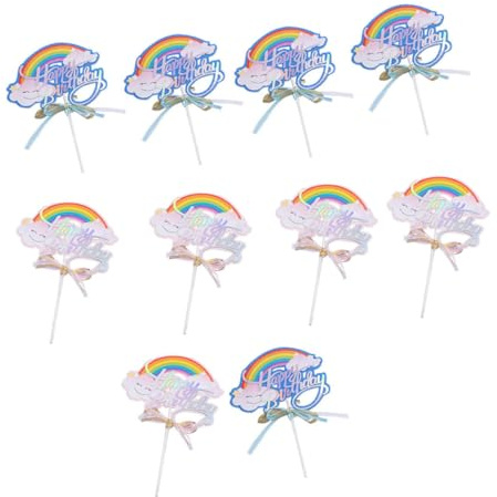 TOBBOMEY Lot de 10 Décorations de Gâteaux Arc-en-Ciel en Plastique Rose et Bleu Inserts Colorés pour Gâteau D’Anniversaire Garniture de Dessert Festive Accessoires Pâtisserie pour Fête