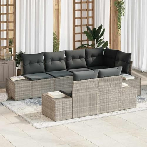 Bucmath Gartensofa-Set 7-teilig, Hellgrau Poly-Rattan mit Stauraum, Modulares Loungeset für Terrasse, Balkon, UV-beständig, wetterfestes Outdoor-Möbelset für Garten