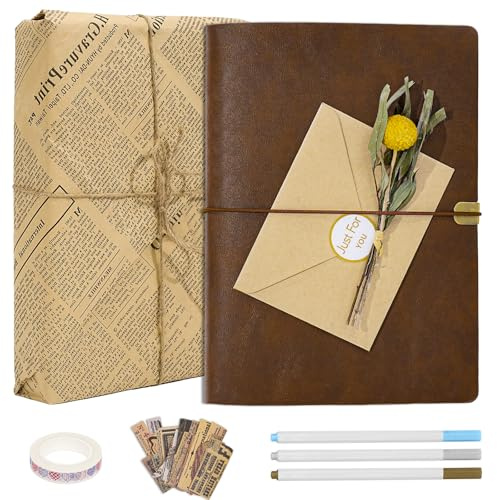 Vienrose Album Fotos Scrapbook, Libro de Recuerdos DIY, con Tapa de Piel SintéTica, 30 Hojas, 60 PáGinas, Papel Kraft, Set de Suministros Vintage para Scrapbooking, Bodas, Pareja y Familias (Marrón)