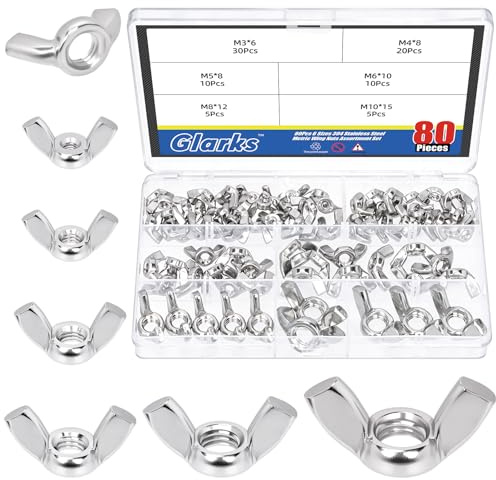 Glarks 80pcs M3/M4/M5/M6/M8/M10 Flügelmuttern Sortiment-Kit, Edelstahl Schmetterlingsmuttern, Hand-Twist Straffen Hardware-Mutter, Flügelmuttern Befestigungen Teile für Maschinen, Herstellung