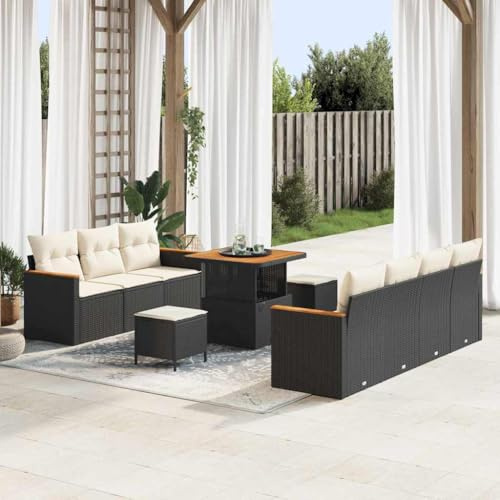 Owoxanthellate Schwarzes 10-TLG Gartenlounge Set aus Poly-Rattan mit Akazienholz 120 x 120 cm Couchgarnitur wetterfest modular für Balkon Terrasse Garten