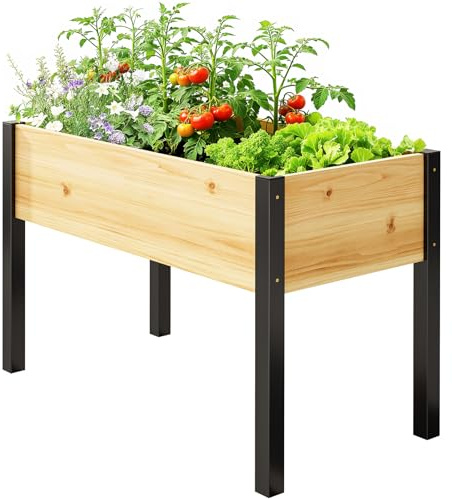 SUNYRISY Hochbeet für Balkon und Garten mit Metallbeine 116x60x80cm | Holz Pflanzkasten Blumenkasten Kräuterbeet Tannenholz Pflanzbeet Blumenbeet Hochbeete-kit für Terrasse, Holzfarbe