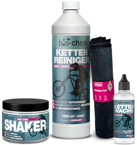 Bio-Chem - Vaxsystem för kedjor 4 produkter, MTB-avfettningsmedel 1 L, flytande vax för cykelkedja, 100 ml, tillbehör till cykelshaker + mikrofiberduk