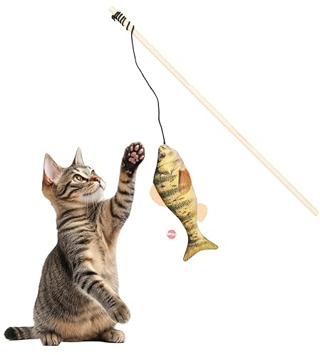 SPOT Fanatic Fish Teaser Wand for Cats – Realistic Fish Cat Toy with Catnip and Crinkle, Interactive Wand Toy for Batting, Swatting, and Chasing Play, Assorted Styles