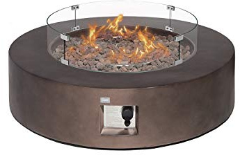 COSIEST Outdoor Propane Fire Pit Coffee Table w Bronze 42 inch Round Base Patio Heater, Certified, 50,000 BTU Stainless Steel Burner, Wind Guard, Tank Outside, Free Lava Rocks, Waterproof Cover