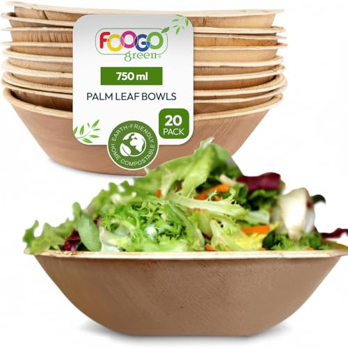 FOOGO Gröna engångshandflata blad skålar | soppa, sallad, doppskålar | fyrkantiga & runda | miljövänliga | 100 % naturlig | fest och bröllop | Liksom bambuskål | Rustik | Plastskålar alternativ Round | Large 8 inch (20cm)