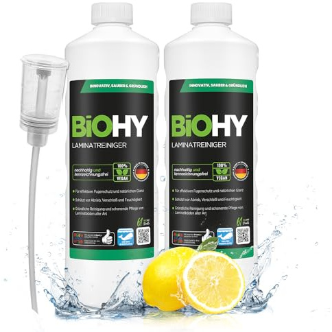BiOHY Nettoyant pour stratifiés (2 x 1l Bouteille) + Distributeur | Soin du bois précieux grâce à une combinaison de tensioactifs spécialement adaptée | réduit le resalissement (Laminatreiniger)