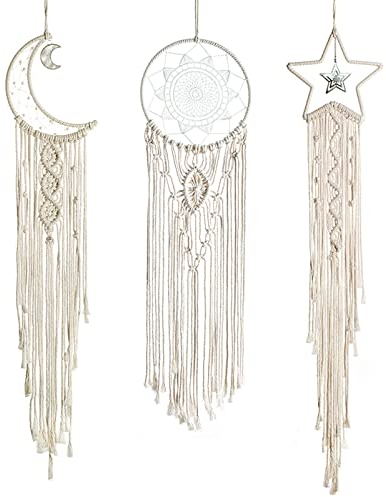 DUGYIRS 3 Stück Traumfänger Sonne & Mond & Stern Makramee Wanddekoration Woven Tapisserie Böhmischer Chic Wandkunst Dekor für Mädchen Schlafzimmer Wohnung Dekoration Ornament Handwerk Geschenk