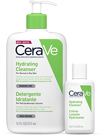 CeraVe Kit Detersione, Detergente Idratante Viso, Per Pelli da Normali a Secche, Con Acido Ialuronico, 473 ml + Detergente da Viaggio, 20 ml