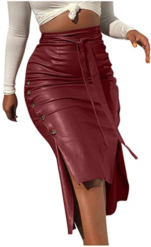 Leather Skirts Womens Faux PU Knee Length Midi Skirt Clearance Chic Ladies High Waist Casual Ladies Solid Button Mini Fit Leather Skirts Formal Occasion Skirts Sale