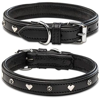 Jack & Russell Hundehalsband Leder schwarz mit Applikationen Herz & Blume – Doppellagiges Echt-Leder-Hunde Halsband Coer (L (39.5-51.0))
