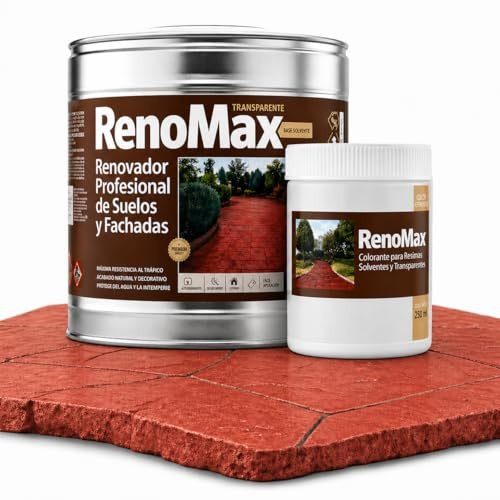 Renomax - Resina Hormigon Impreso y Superficies Porosas Al Disolvente + Tinte Hormigon Impreso Rojo Óxido, 2L Cubre hasta 20m² | Repara y Protege Suelos,Fachadas | Fácil de Aplicar, Garantía 5 Años