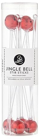 Santa Barbara Design Studio Holiday Bar Cart Accessories Jingle Bell Cocktail Stir Sticks, 8-Count, Red