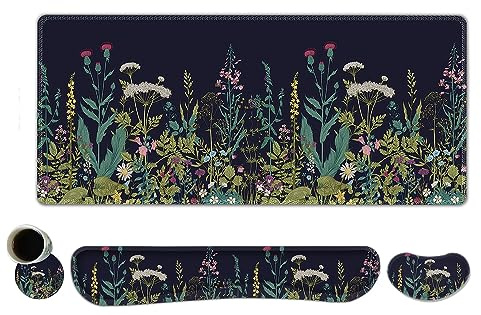 ToLuLu Extended Gaming Mouse Pad, Memory Foam Ergonomic Keyboard Mouse Wrist Rest Support Set, Large Desk Mat with Stitched Edges, Non-Slip Base Mousepad for Home Office Game, Weeds Plants