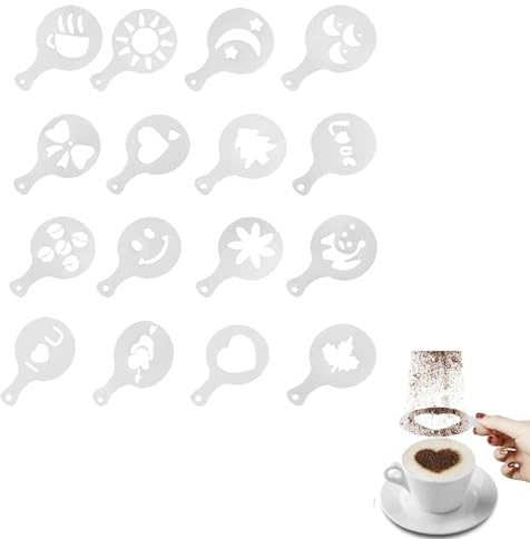 Stampo per caffè in plastica,Stencil per decorazione del caffè, stampa a forma di cappucccino di arte di latte, riutilizzabili, stencil decorativi per il rivestimento, set di 16 pezzi Tokaneit