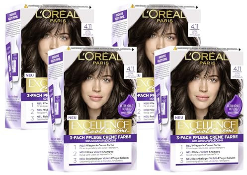 L'Oréal Paris Permanente Haarfarbe mit Farbergebnis, 100% Grauhaarabdeckung, Set mit Coloration, Shampoo und Pflegecreme, Excellence Cool Creme, Nr. 4.11 Ultra kühles Mittelbraun (Braun)
