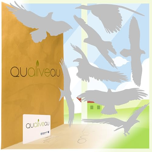 QUALIVEAU® Grands autocollants de 40 cm pour protection contre les collisions d'oiseaux - Kit complet avec raclette (argent satiné mat)