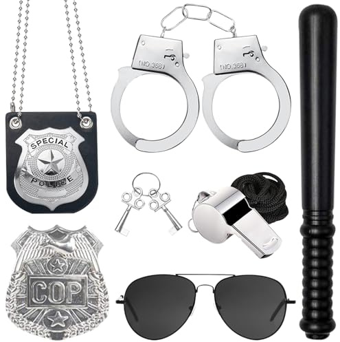 DOWNDRIFT Polizei Kostüm Zubehör,Polizei Zubehör Set,Handschellen Kinder Polizei,7 Stück Polizei Kostüm Accessoires,Kinder Polizei AusrüStung,Polizei Handschellen Polizeikostüm Damen Zubehör