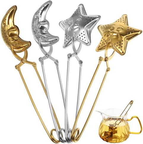 STOBOK Infuseur À Thé En Acier Inoxydable 4 Pièces - Passoire À Thé Étoile Et Lune - Boule À Avec Poignée Longue - Accessoire De Cuisine Pour Maison Et Bureau