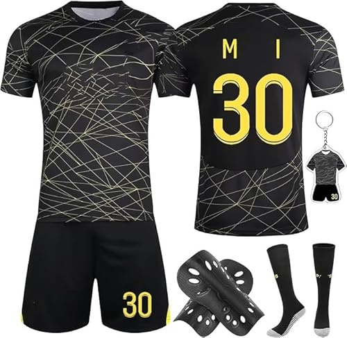 Nr.7/Nr.30/Nr.10 Fußball Trikot Kinder, Trikots Shorts Socken Set mit Schienbeinschoner und Schlüsselanhänger,22/24/26/28 Fußball Trikot Sets Kinder Fussball Jersey Trainingsanzug für Junge Herren