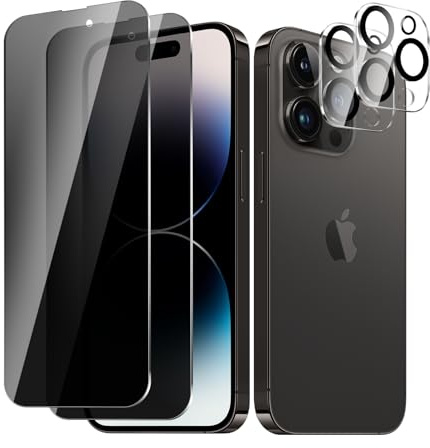 BIESHKJ 2 Stück Sichtschutzfolie für iPhone 14 Pro, Anti-Spy Panzer Schutz Glas + Kameraschutz, HD-Hartglasfolie, 9H-Härte, Kratzfest, Blasenfrei