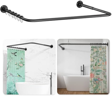 Duschvorhangstange U Form/L Form, [60-92] × [78-196] × [60-92] cm Verstellbare Duschstange Ecke mit 12 Vorhangringen & Deckenstütze für Badewanne/Badezimmer, Bohr-Montage Erforderlich, Schwarz