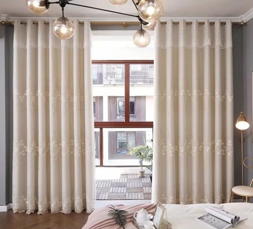 Mesnt Gardine Verdunkelnd Thermo, Beige 150x270cm Doppellagige Spitzenstickerei Thermovorhang Kälteschutz, Ösen