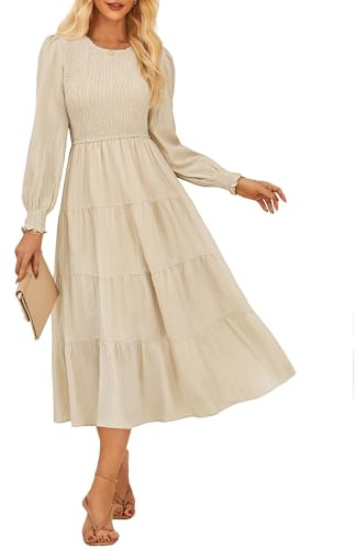 Damen Langarm Kleid Rundhals Midikleid Elastischer Taill A-Linie Freizeitkleid mit Taschen CL145-02/Aprikose S