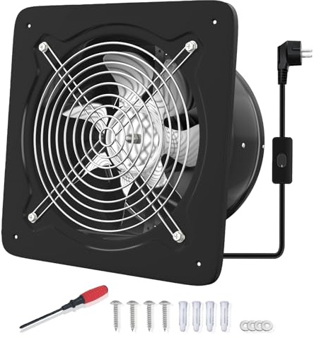 FanGoFast 250 mm frånluftsfläkt 1680 m³/h badrumsfläkt, tyst med backlucka, kraftfull väggfläkt med EU-kontakt för kök, badrum, garage, källare (svart, frånluftsfläkt 250 mm)