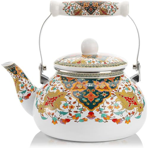 Bollitore smaltato da 2,5 l, teiera vintage da piano cottura, manico ergonomico, motivo floreale, teiera a riscaldamento rapido per la cucina di casa