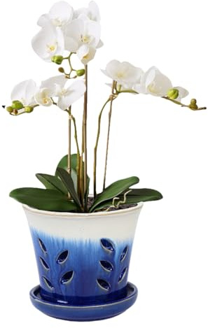 vensovo 14 cm Ceramic Orchid Pot with Holes and Saucer, Blue | Ceramic Planter for Repotting Orchids, with Ventilation and Drainage Holes for Indoor and Outdoor Plants
