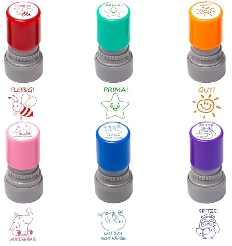 Selbstfärbende Lehrer Stempel,6 Stück Lob Ermutigung Kinder Stempel,Lehrer Bewertung Belohnung Motivation Briefmarken,Niedliches Cartoon Kinder Siegel,Lob Siegel Ermutigung,Belohnungsstempel Set