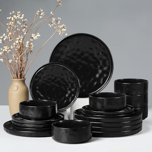Joyfair Geschirrset 6 Personen, 18-tlg Steingut Geschirr Set, Reaktive Glasur Teller Set mit Speiseteller, Dessertteller und Müslischalen, Mikrowellen- & Spülmaschinenfest, Mysterium Schwarz